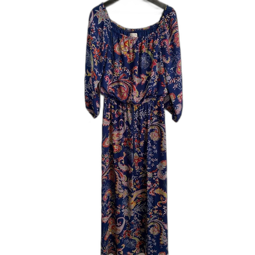 Bisou Bisou Michelle Bohbot Boho Paisley Blue Maxi Dress sz 10 Tassels b1-1